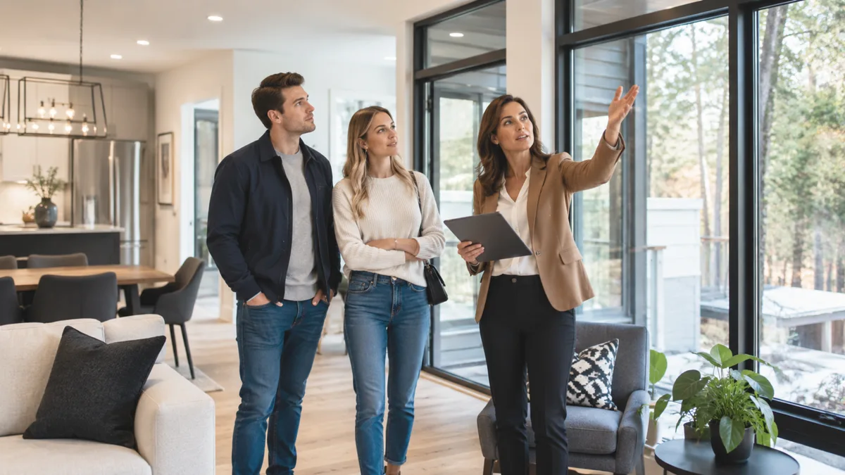 Couple reviewing home listings with a REALTOR® while preparing to buy a home in Burlington and Halton Region.